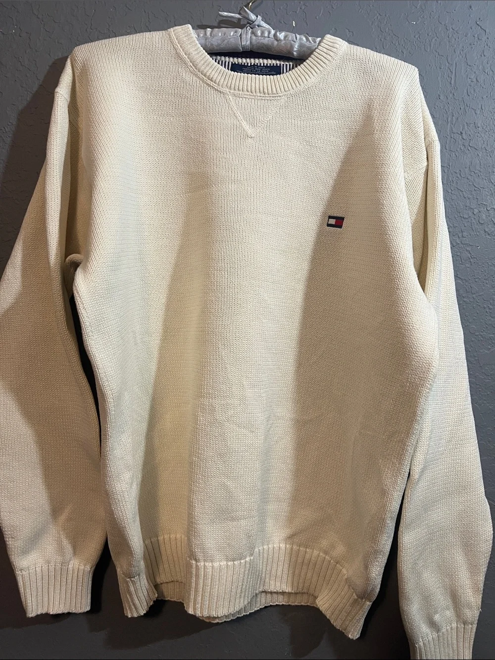 Tommy Hilfiger Men's Cream Crewneck Knit Sweater with Flag Logo